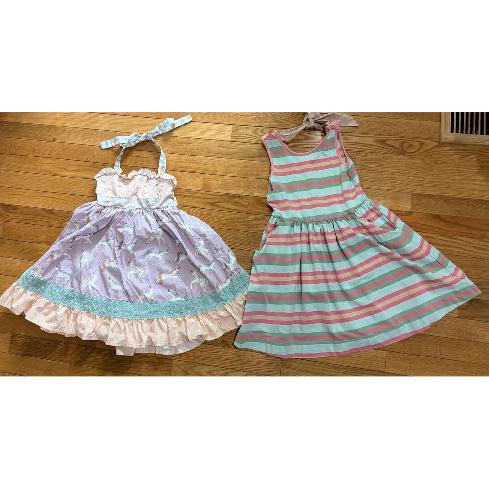 Matilda Jane Girls Dress Set Size‎ 8 Unicorn Halter & Striped Knit Tie Back 2pc